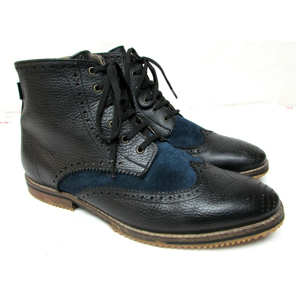 Satori men's size US 11-12 EU 45 leather ankle boots wing tip blue and black